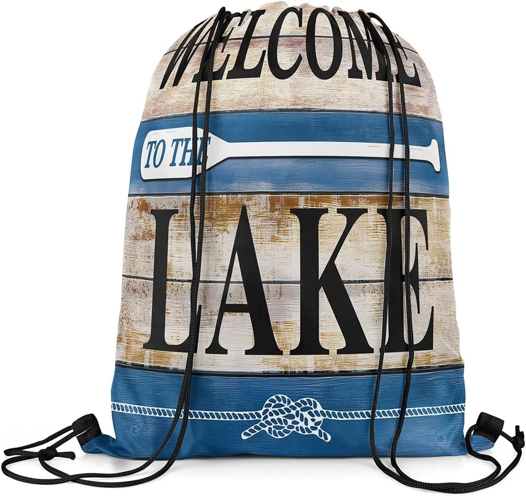 jejeloiu Lake House Drawstring Backpack 13x15.7inch Rustic Cabin Country Waterproof Gym Drawstring Bags Vintage Wood Sports String Backpack Beach Swim Travel Bag Sackpack