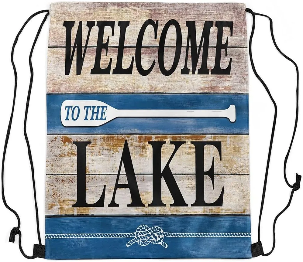 jejeloiu Lake House Drawstring Backpack 13x15.7inch Rustic Cabin Country Waterproof Gym Drawstring Bags Vintage Wood Sports String Backpack Beach Swim Travel Bag Sackpack