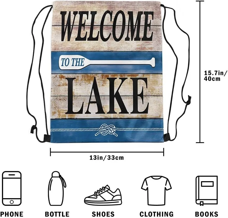 jejeloiu Lake House Drawstring Backpack 13x15.7inch Rustic Cabin Country Waterproof Gym Drawstring Bags Vintage Wood Sports String Backpack Beach Swim Travel Bag Sackpack