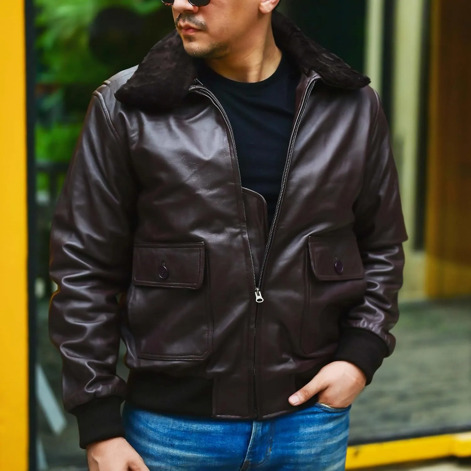 Jild Navy G-1 Real Leather Bomber Jacket Men with Removable Fur Collar - Vintage Flight Aviator Leather Jacket Men