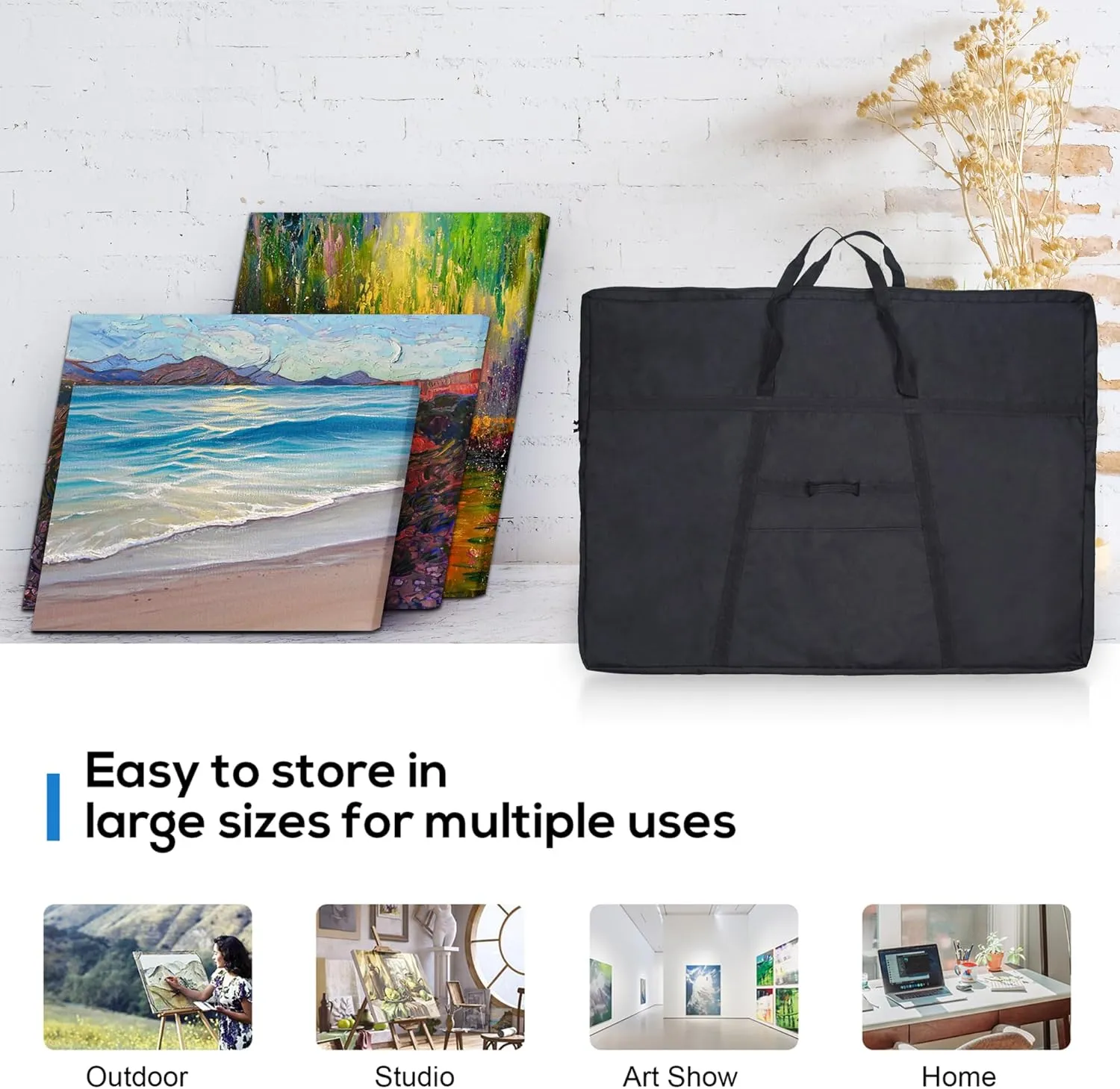 JJRING Extra Large Dacron Waterproof Light Weight Art Portfolio Tote Bag, 37'' x 49'' for 36'' x 48'' Black Carrying Storage Case For Poster, Sketching, and Drawing