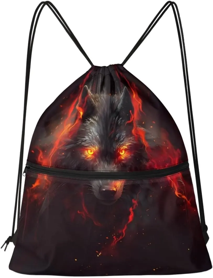 JooMeryer Boy Men Cool Animal Drawstring Bags Wolf Fox Printed Lightweight Sports Gym Backpack Bag with Front Zippper Pocket,Red Anger Wolf