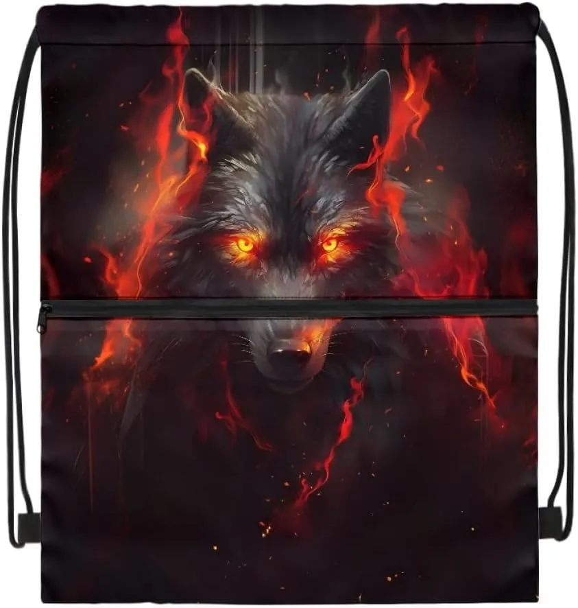 JooMeryer Boy Men Cool Animal Drawstring Bags Wolf Fox Printed Lightweight Sports Gym Backpack Bag with Front Zippper Pocket,Red Anger Wolf