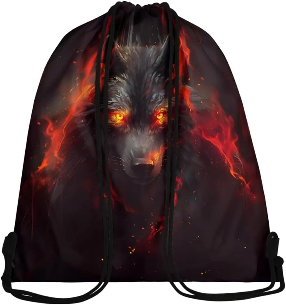 JooMeryer Boy Men Cool Animal Drawstring Bags Wolf Fox Printed Lightweight Sports Gym Backpack Bag with Front Zippper Pocket,Red Anger Wolf