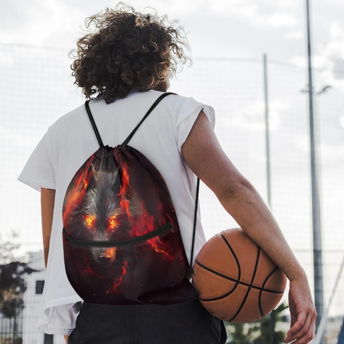 JooMeryer Boy Men Cool Animal Drawstring Bags Wolf Fox Printed Lightweight Sports Gym Backpack Bag with Front Zippper Pocket,Red Anger Wolf