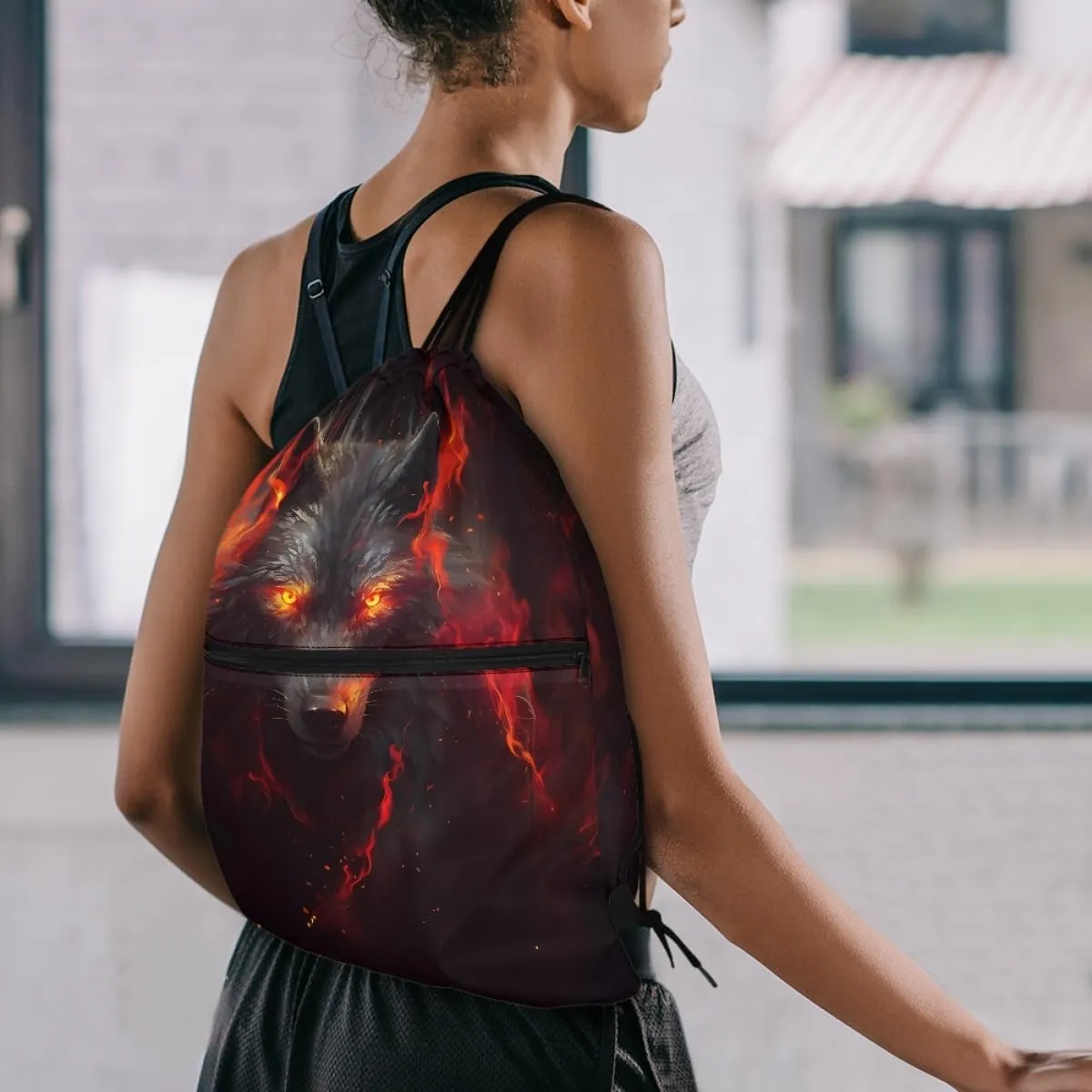 JooMeryer Boy Men Cool Animal Drawstring Bags Wolf Fox Printed Lightweight Sports Gym Backpack Bag with Front Zippper Pocket,Red Anger Wolf