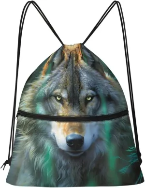 JooMeryer Mens Drawstring Backpack Cool Wolf Printed Foldable String Bag Sackpack Gymsack for Gym Sport,Green Wolf