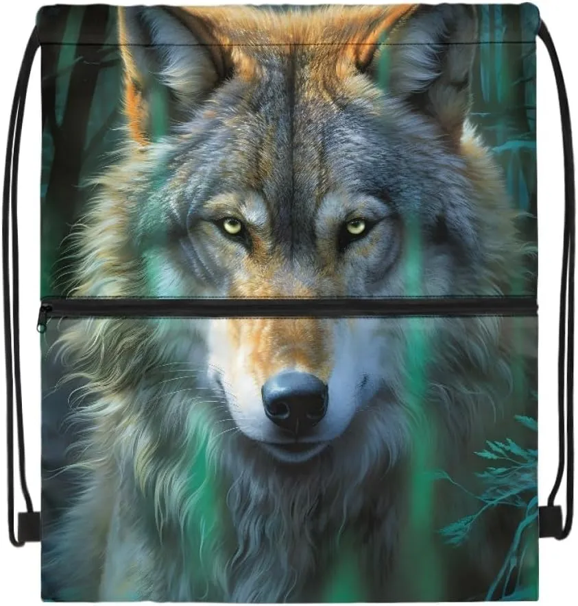 JooMeryer Mens Drawstring Backpack Cool Wolf Printed Foldable String Bag Sackpack Gymsack for Gym Sport,Green Wolf