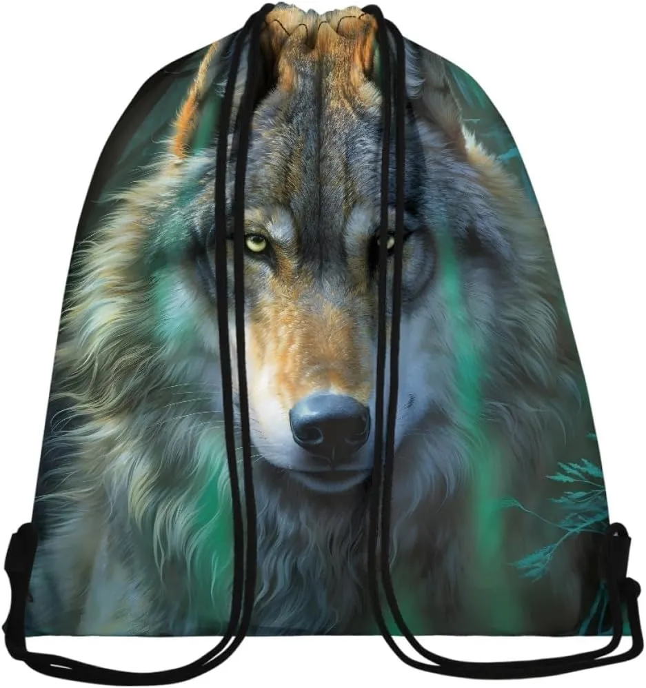 JooMeryer Mens Drawstring Backpack Cool Wolf Printed Foldable String Bag Sackpack Gymsack for Gym Sport,Green Wolf