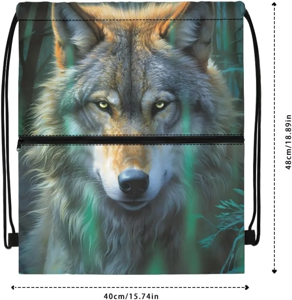JooMeryer Mens Drawstring Backpack Cool Wolf Printed Foldable String Bag Sackpack Gymsack for Gym Sport,Green Wolf