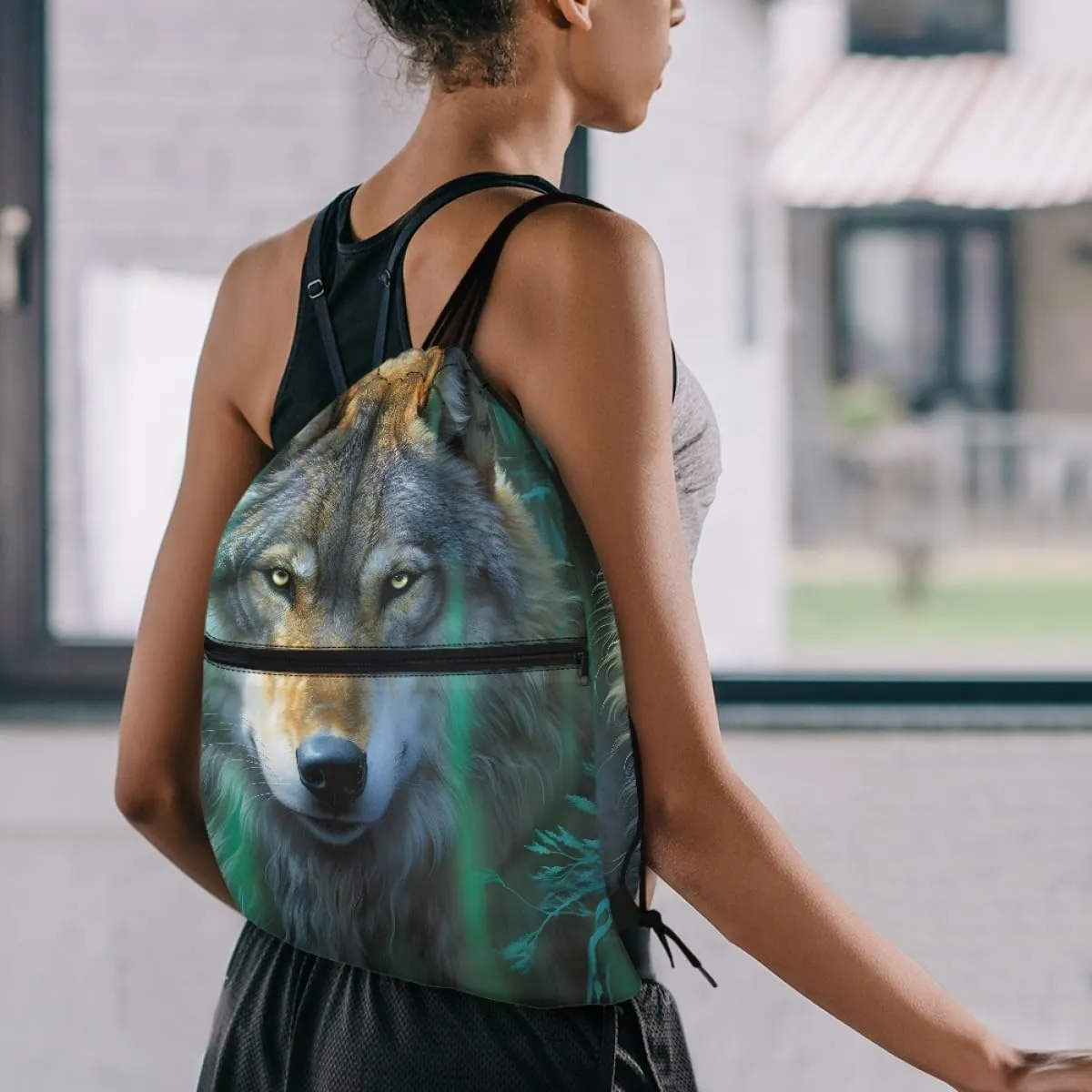 JooMeryer Mens Drawstring Backpack Cool Wolf Printed Foldable String Bag Sackpack Gymsack for Gym Sport,Green Wolf