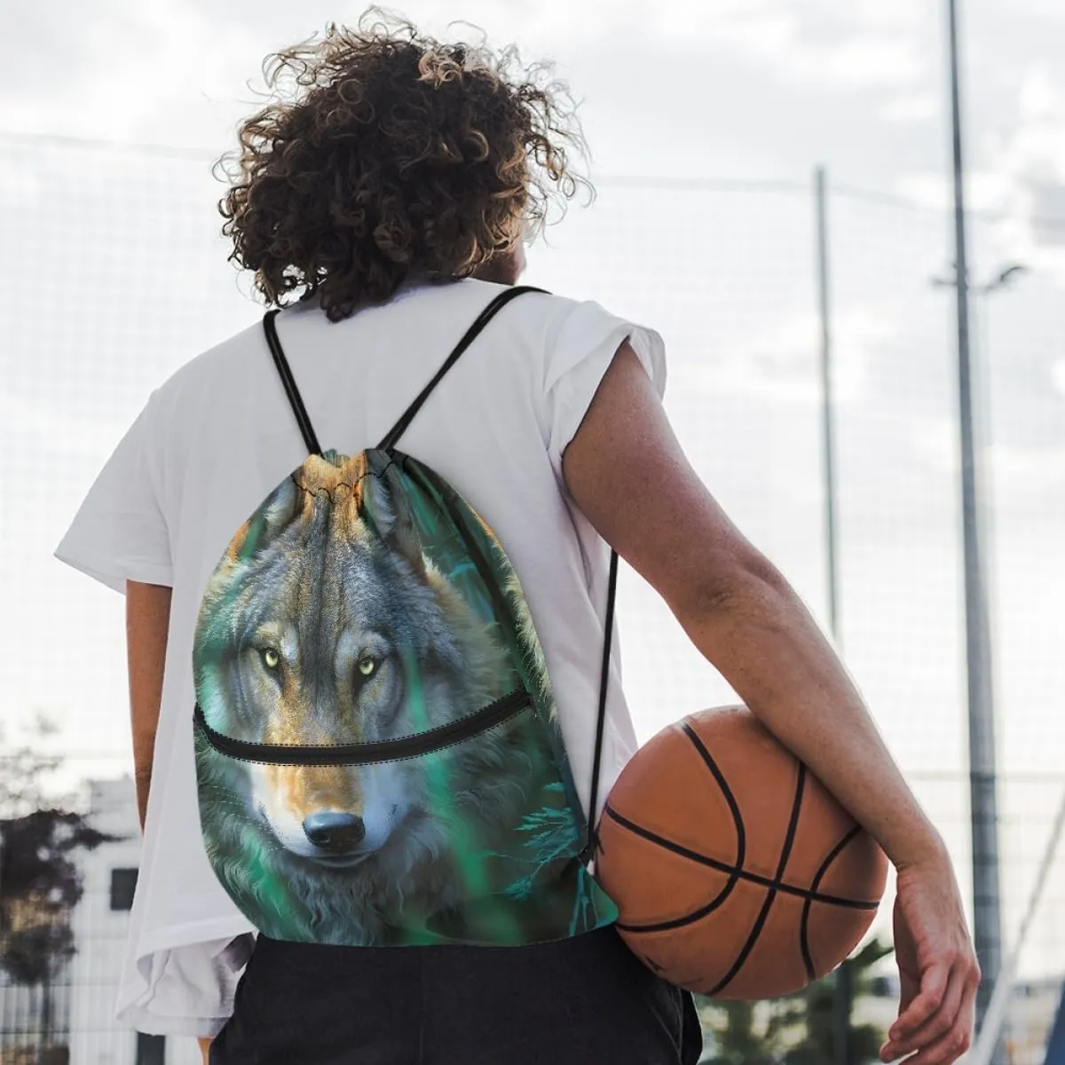 JooMeryer Mens Drawstring Backpack Cool Wolf Printed Foldable String Bag Sackpack Gymsack for Gym Sport,Green Wolf