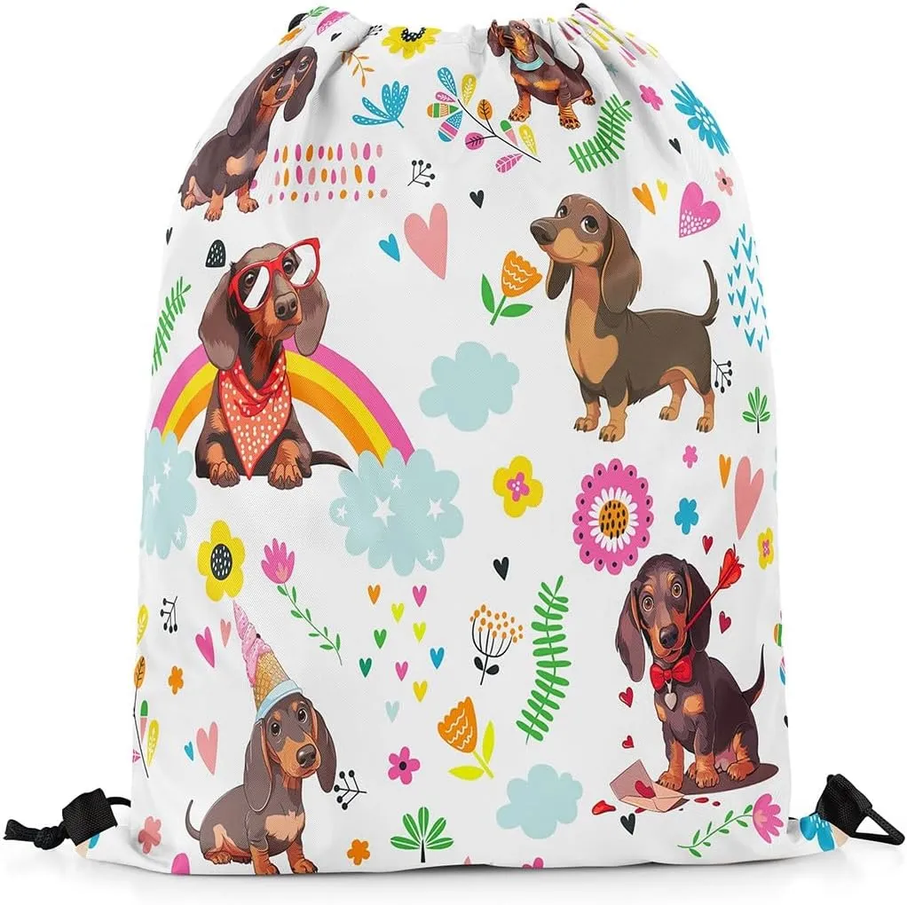 Kawaii Dachshund Drawstring Backpack 13x15.7, Cute Rainbow Wiener Dog Soft String Bag, Cartoon Flower Sackpack For Swim Yoga Camping, Animal Puppy Pet Cinch Bags