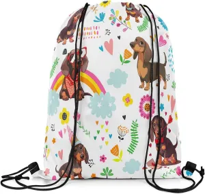 Kawaii Dachshund Drawstring Backpack 13x15.7, Cute Rainbow Wiener Dog Soft String Bag, Cartoon Flower Sackpack For Swim Yoga Camping, Animal Puppy Pet Cinch Bags
