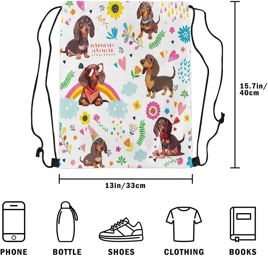 Kawaii Dachshund Drawstring Backpack 13x15.7, Cute Rainbow Wiener Dog Soft String Bag, Cartoon Flower Sackpack For Swim Yoga Camping, Animal Puppy Pet Cinch Bags