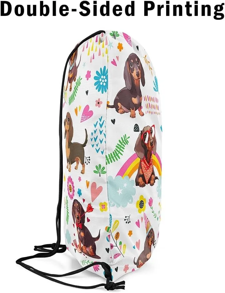 Kawaii Dachshund Drawstring Backpack 13x15.7, Cute Rainbow Wiener Dog Soft String Bag, Cartoon Flower Sackpack For Swim Yoga Camping, Animal Puppy Pet Cinch Bags