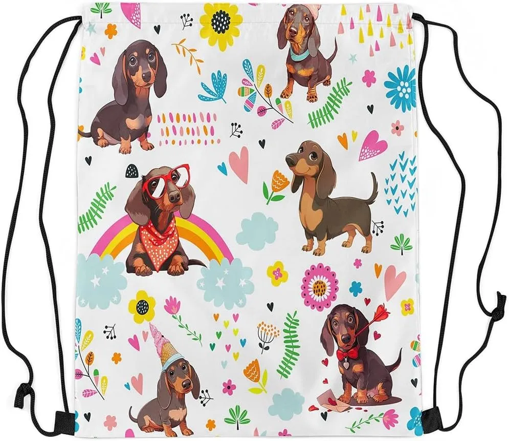 Kawaii Dachshund Drawstring Backpack 13x15.7, Cute Rainbow Wiener Dog Soft String Bag, Cartoon Flower Sackpack For Swim Yoga Camping, Animal Puppy Pet Cinch Bags