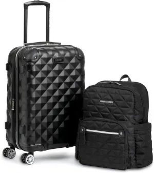 Kenneth Cole REACTION Diamond Tower Collection Lightweight Hardside Expandable 8-Wheel Spinner Travel Luggage, Black, 2-Piece Bundle (Carry On   Backpack)