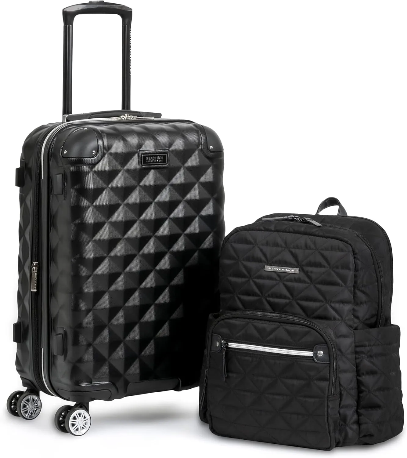 Kenneth Cole REACTION Diamond Tower Collection Lightweight Hardside Expandable 8-Wheel Spinner Travel Luggage, Black, 2-Piece Bundle (Carry On   Backpack)