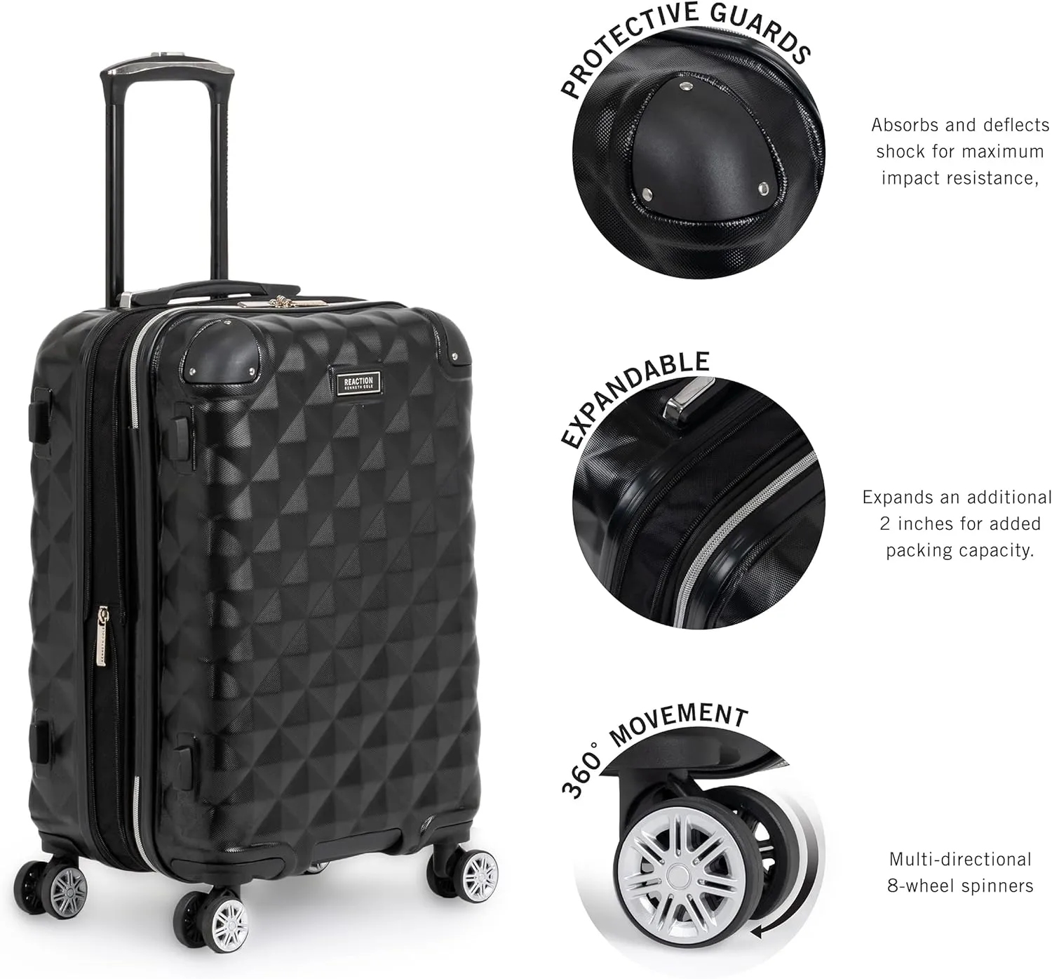 Kenneth Cole REACTION Diamond Tower Collection Lightweight Hardside Expandable 8-Wheel Spinner Travel Luggage, Black, 2-Piece Bundle (Carry On   Backpack)