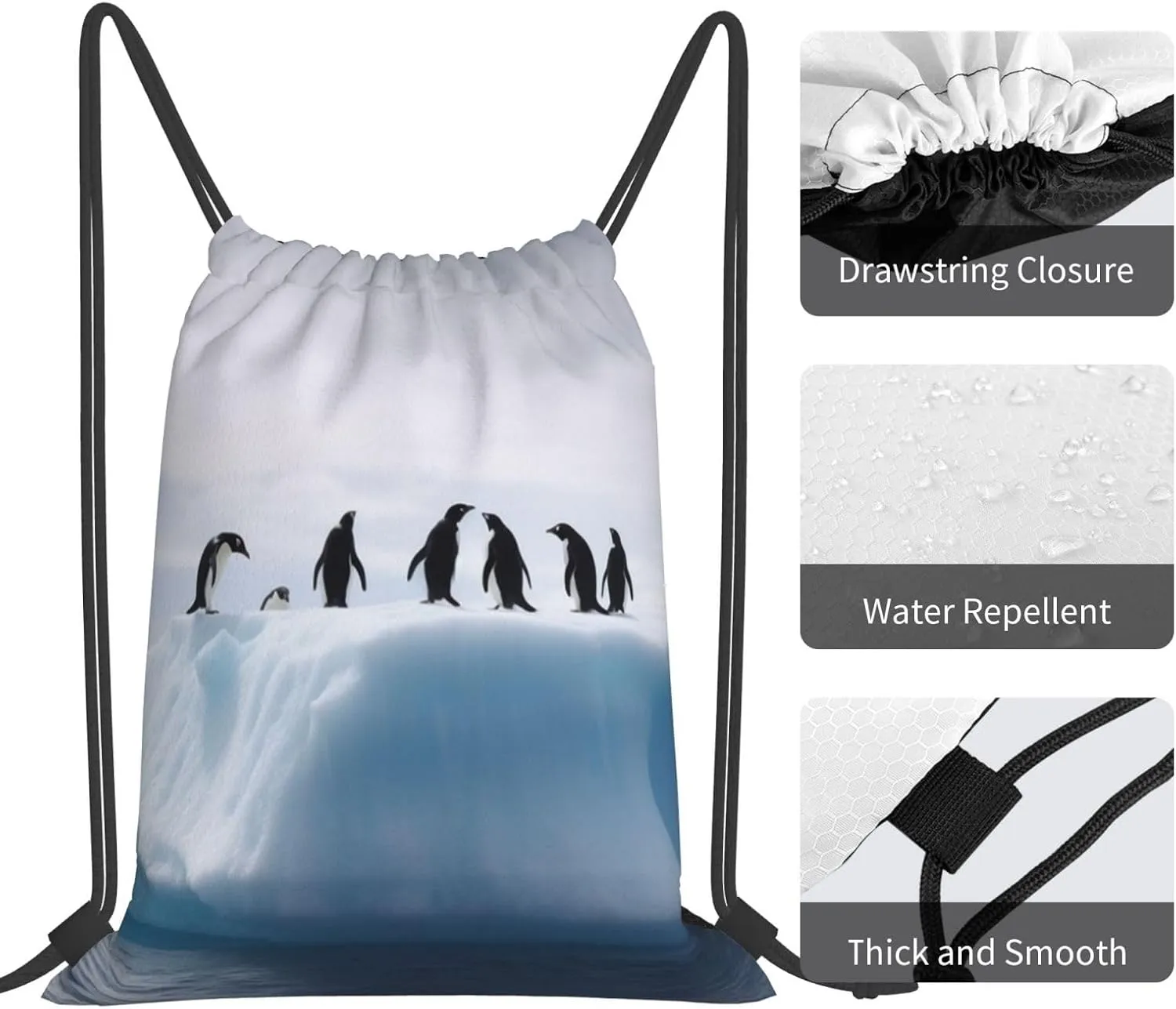 KHiry Drawstring Backpack Waterproof String Bag Iceberg Penguins Drawstring Sackpack Gym Bag for Man Woman