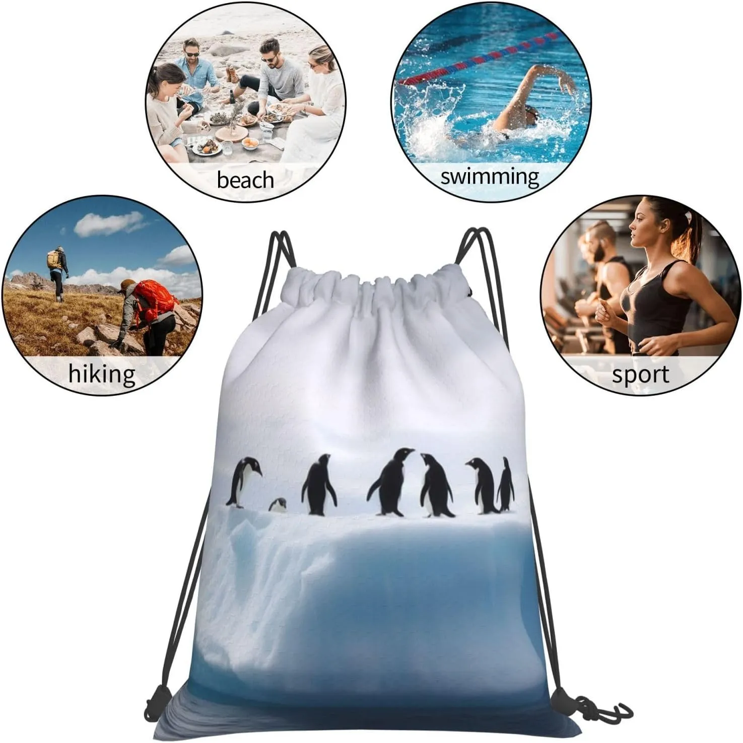 KHiry Drawstring Backpack Waterproof String Bag Iceberg Penguins Drawstring Sackpack Gym Bag for Man Woman
