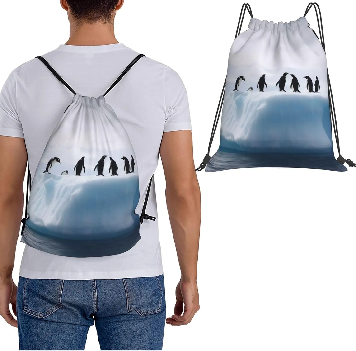 KHiry Drawstring Backpack Waterproof String Bag Iceberg Penguins Drawstring Sackpack Gym Bag for Man Woman