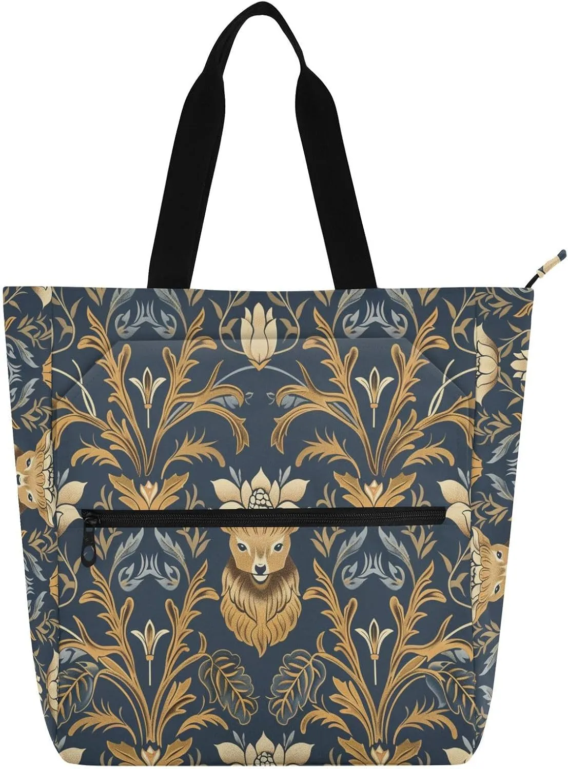 Kid Tote Bag for Kids Women Men, William Morris Deer Floral Dark Blue Waterproof Handbags Grocery Bag with Zipper for School and Playtime