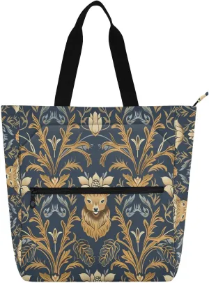 Kid Tote Bag for Kids Women Men, William Morris Deer Floral Dark Blue Waterproof Handbags Grocery Bag with Zipper for School and Playtime