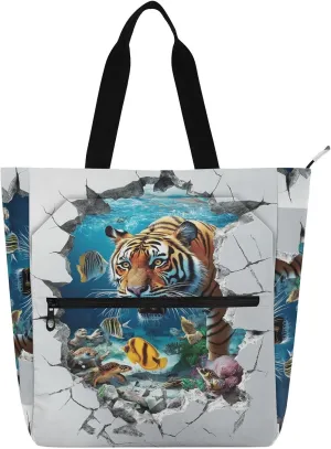 Kids Book Tote for Kids Adults,3d Cracked Hole Animal Tigers Underwater Water-resistant Library Book Bag Shoulder Bag with Zipper for School Work Travel