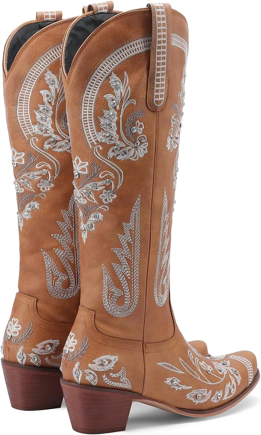 KiutSymo Glitter Rhinestone Cowboy Boots For Women Vintage Embroidered Cowgirl Boots Mid Calf Chunky Heel Sparkly Wedding Western Boots