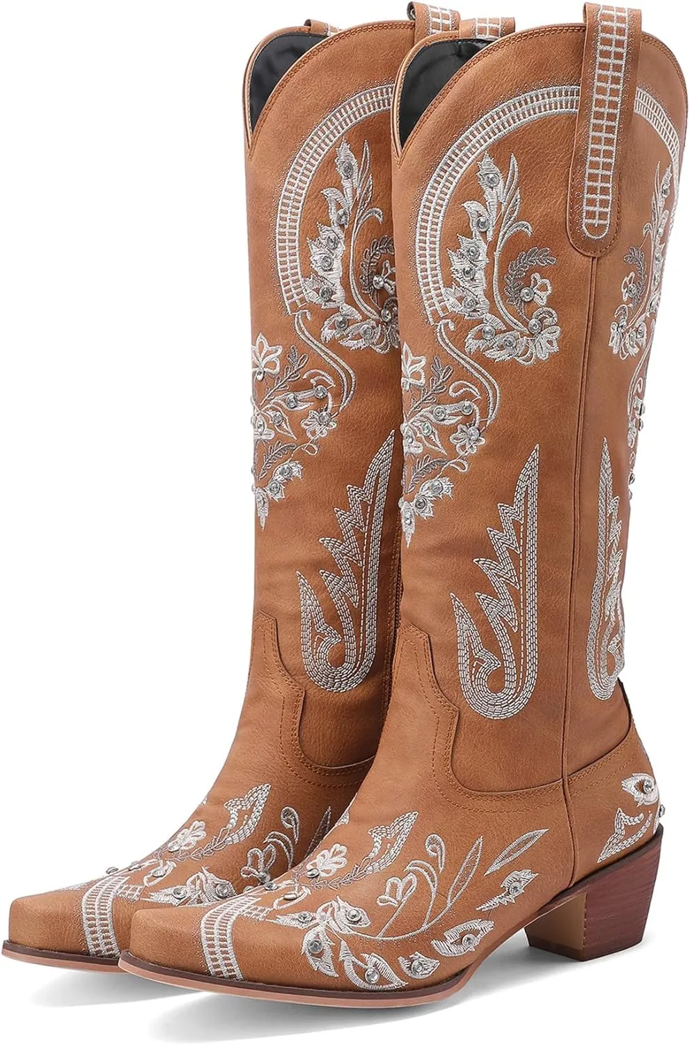 KiutSymo Glitter Rhinestone Cowboy Boots For Women Vintage Embroidered Cowgirl Boots Mid Calf Chunky Heel Sparkly Wedding Western Boots