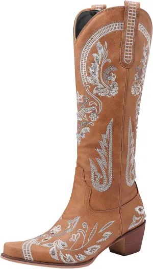 KiutSymo Glitter Rhinestone Cowboy Boots For Women Vintage Embroidered Cowgirl Boots Mid Calf Chunky Heel Sparkly Wedding Western Boots