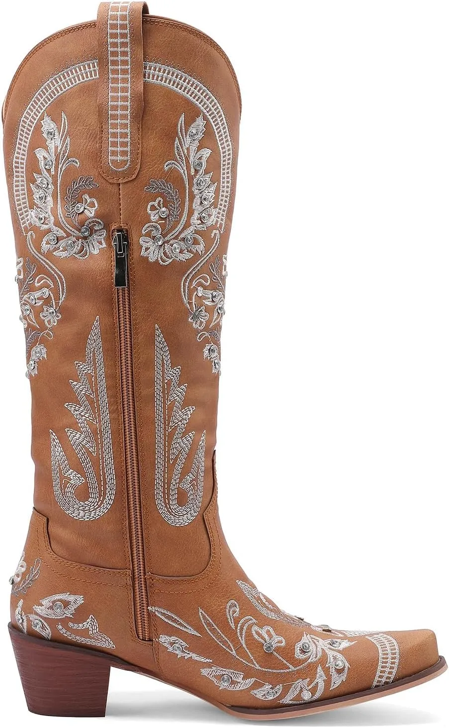 KiutSymo Glitter Rhinestone Cowboy Boots For Women Vintage Embroidered Cowgirl Boots Mid Calf Chunky Heel Sparkly Wedding Western Boots