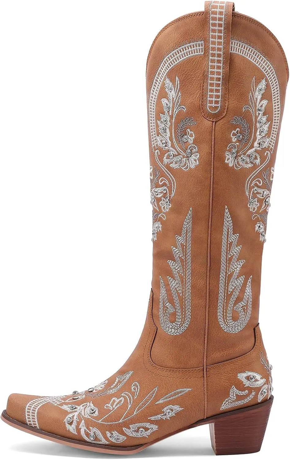 KiutSymo Glitter Rhinestone Cowboy Boots For Women Vintage Embroidered Cowgirl Boots Mid Calf Chunky Heel Sparkly Wedding Western Boots