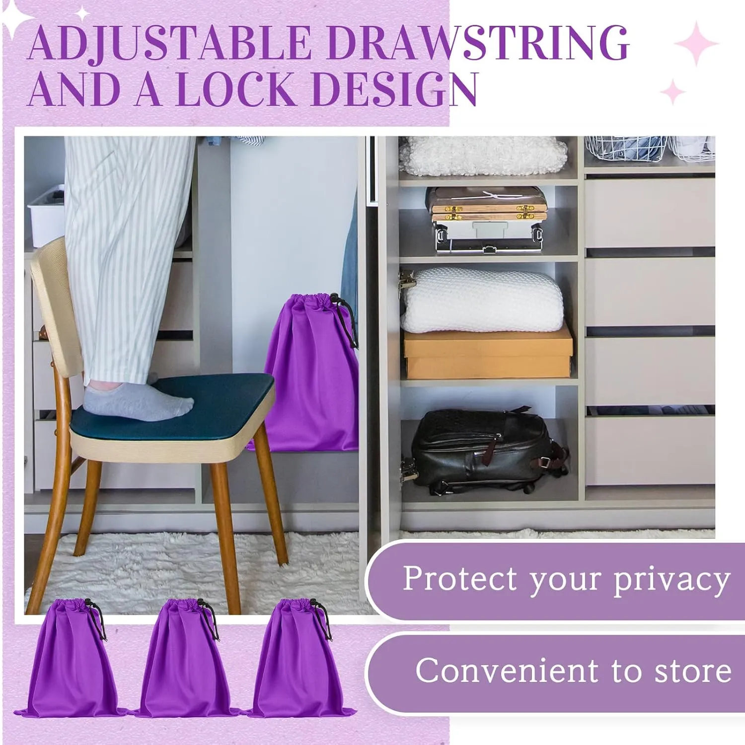 Konohan Toy Storage Bag Adult Microfiber Drawstring Bags Adjustable Small Cloth Pouch Foldable Ditty Pouch for Game Toy Cosmetic Glass(Mixed Sizes,Purple)