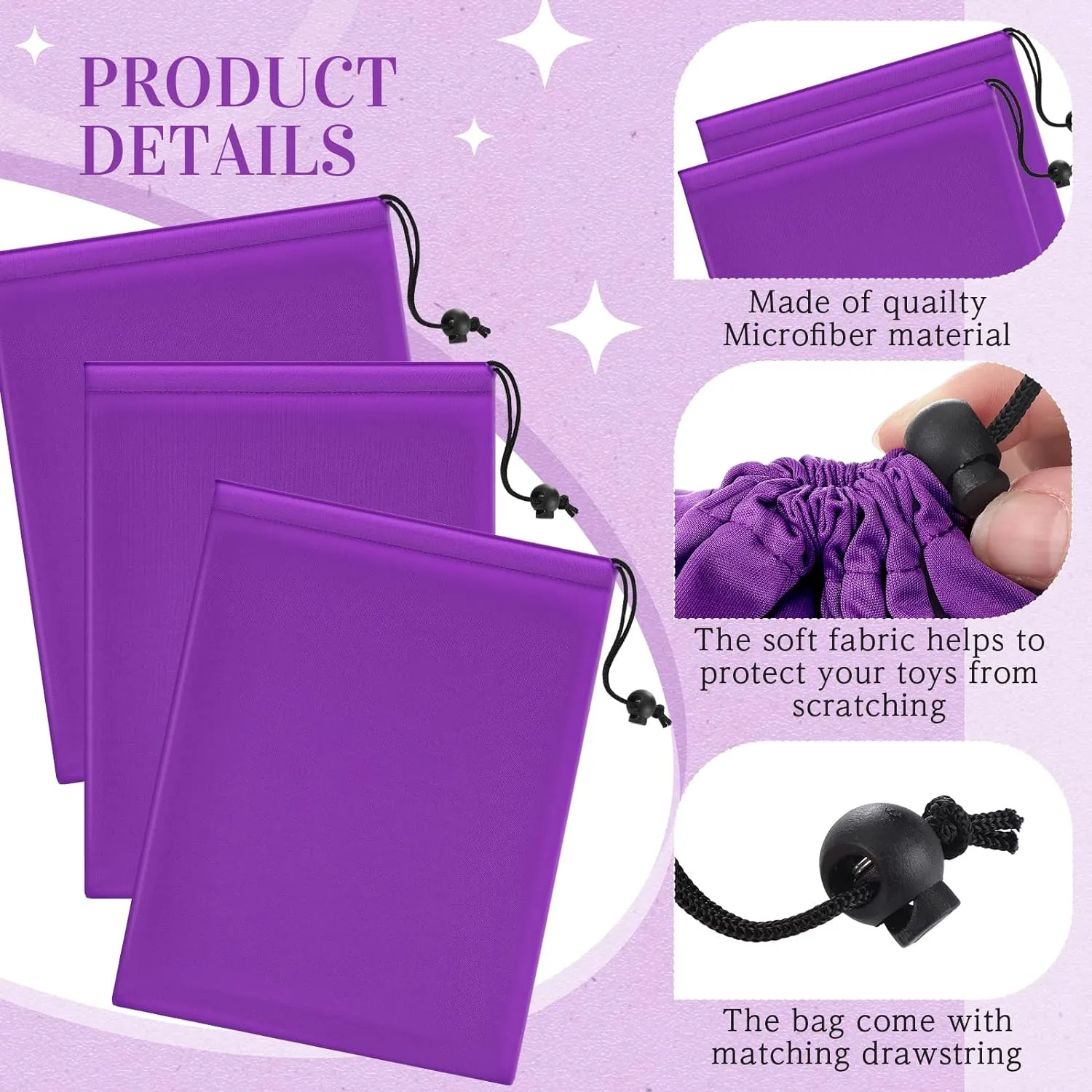 Konohan Toy Storage Bag Adult Microfiber Drawstring Bags Adjustable Small Cloth Pouch Foldable Ditty Pouch for Game Toy Cosmetic Glass(Mixed Sizes,Purple)