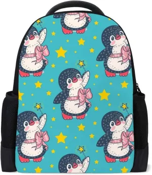 Kuizee Classic Backpack Schoolbag Adjustable Padded Shoulder Straps Daypack ﻿Cute Penguins Hold Magic Wand Stars Blue Casual Bags Durable College Daily 16Inch