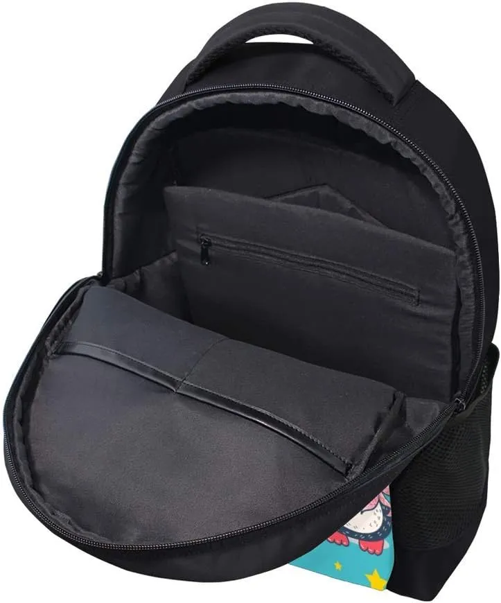 Kuizee Classic Backpack Schoolbag Adjustable Padded Shoulder Straps Daypack ﻿Cute Penguins Hold Magic Wand Stars Blue Casual Bags Durable College Daily 16Inch