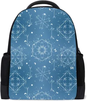 Kuizee Classic Backpack Schoolbag Adjustable Padded Shoulder Straps Daypack ﻿Geometry Astrology Astronomy Vibes Snowflake Blue Casual Bags Durable College Daily 16Inch