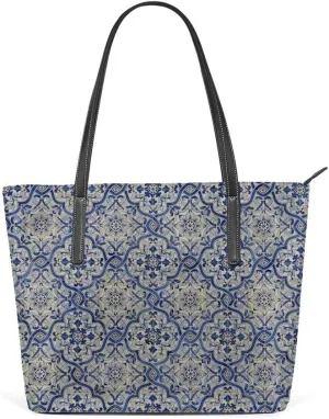 Kuizee Shoulder Tote Bags Elegant Blue And White Porcelain Handbags Printing PU Leather Decoration For Women Casual School Shopping 15.7In