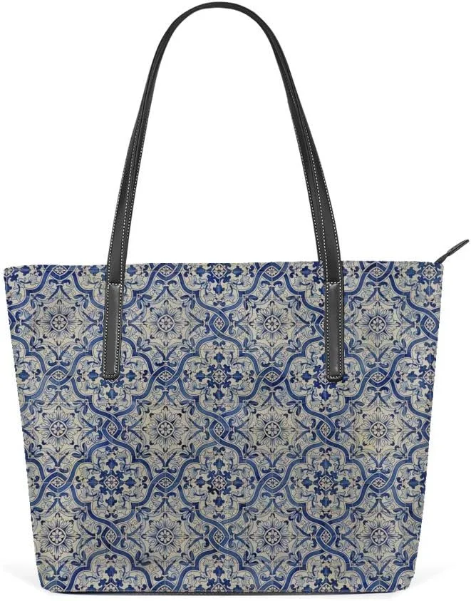 Kuizee Shoulder Tote Bags Elegant Blue And White Porcelain Handbags Printing PU Leather Decoration For Women Casual School Shopping 15.7In