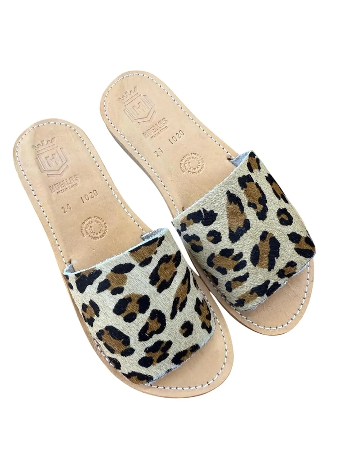 L Santa Art Mx Women's Leather Slide Sandals, Leopard Print Cowhide, Slip-On Summer Shoes. Mothers gift. Mexican party (Size #7)