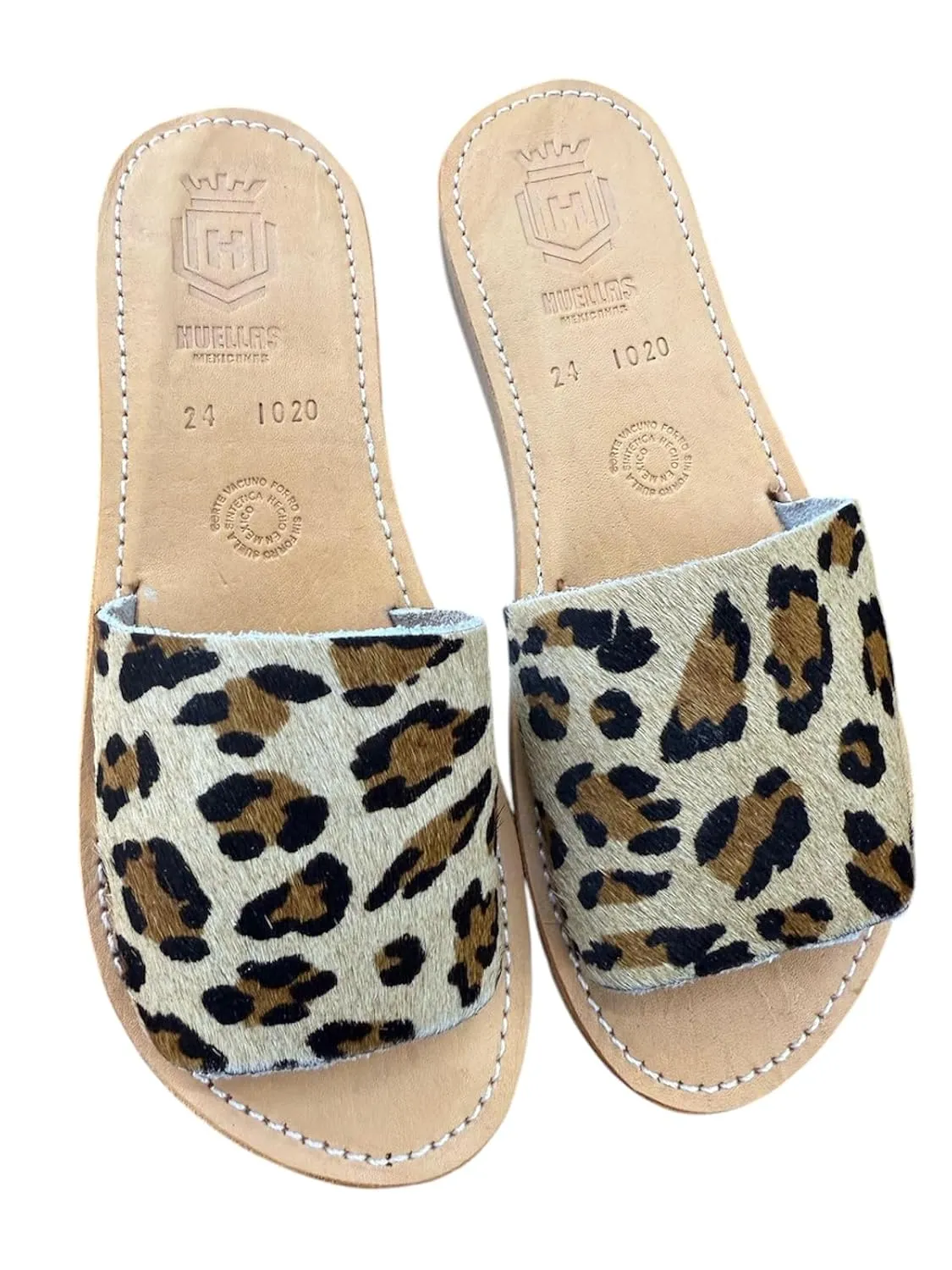 L Santa Art Mx Women's Leather Slide Sandals, Leopard Print Cowhide, Slip-On Summer Shoes. Mothers gift. Mexican party (Size #7)