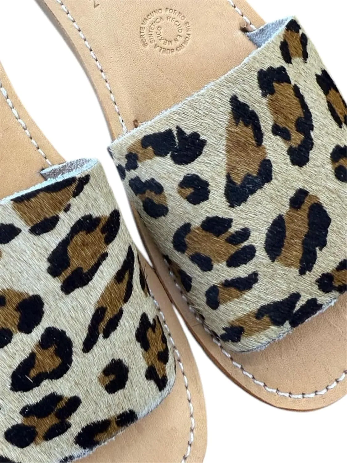 L Santa Art Mx Women's Leather Slide Sandals, Leopard Print Cowhide, Slip-On Summer Shoes. Mothers gift. Mexican party (Size #7)