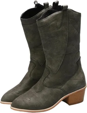 Ladmiple Cowboy Boots For Women Mid Calf Wide Width Cowgirl Embroidered Western Boots Chunky Heel Pull On Fashion Boots