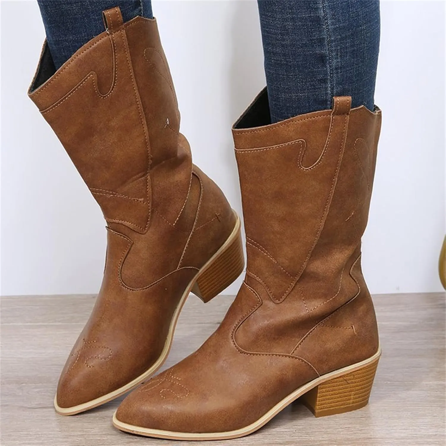 Ladmiple Cowgirl Boots Women Wide Calf Knee High Western Cowboy Boots Embroidered Pull On Chunky Heel Fashion Boots