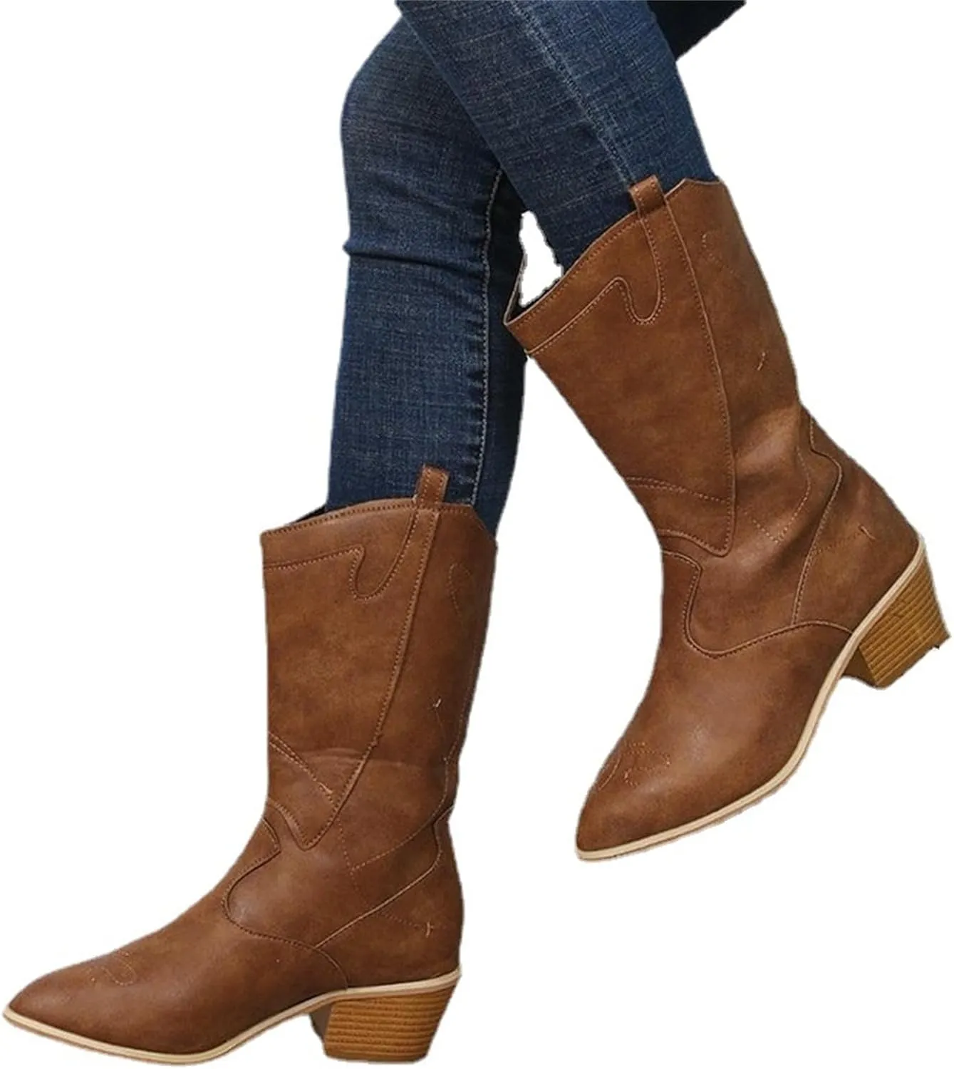 Ladmiple Cowgirl Boots Women Wide Calf Knee High Western Cowboy Boots Embroidered Pull On Chunky Heel Fashion Boots