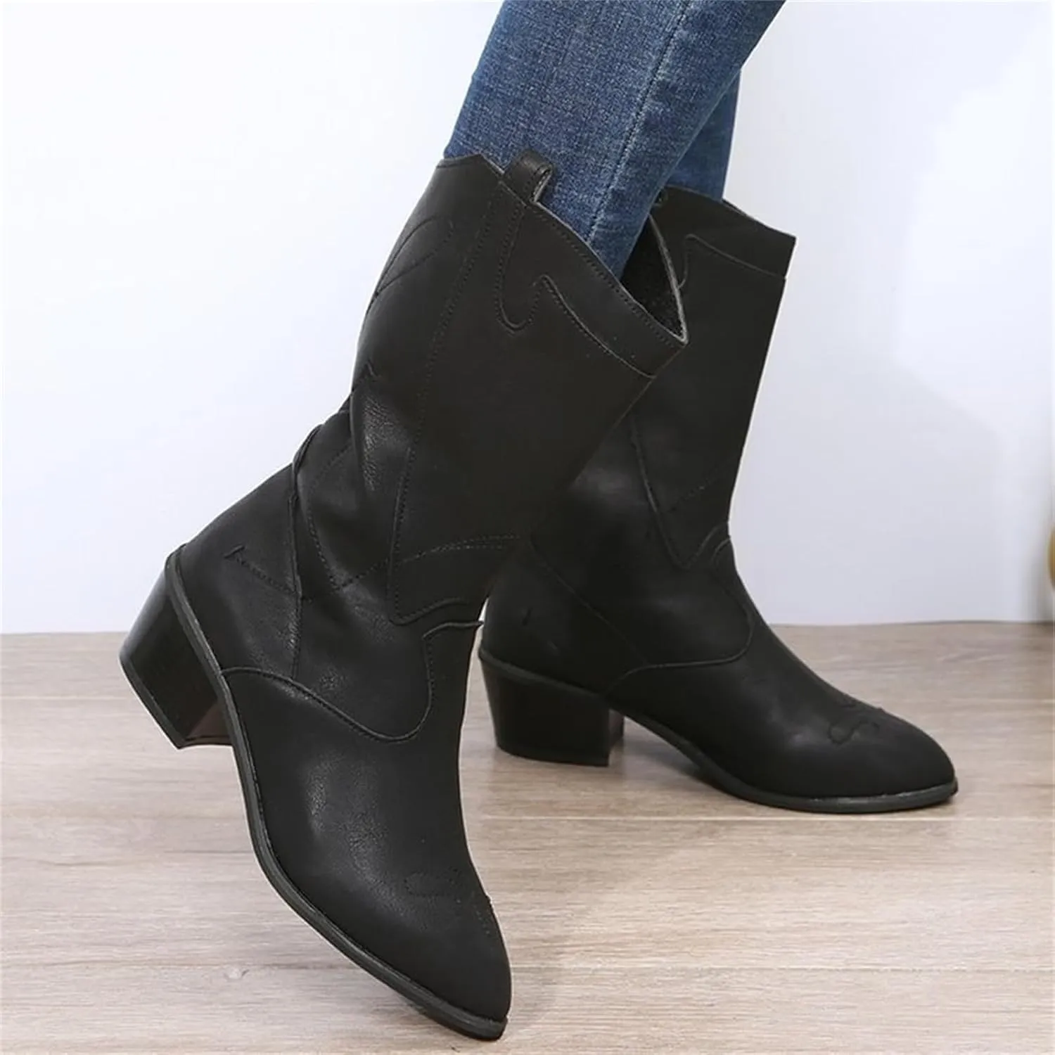 Ladmiple Cowgirl Boots Women Wide Calf Knee High Western Cowboy Boots Embroidered Pull On Chunky Heel Fashion Boots