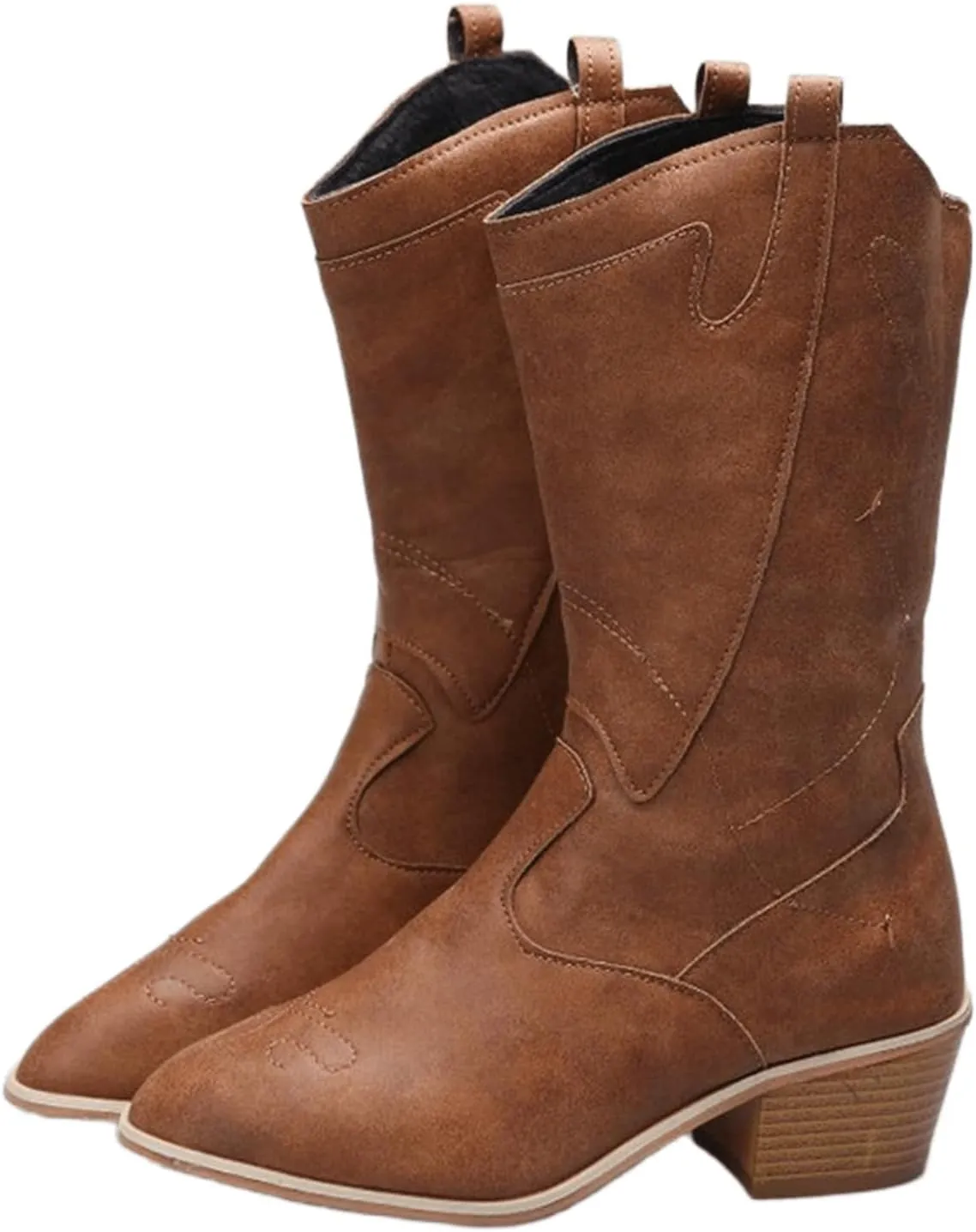 Ladmiple Cowgirl Boots Women Wide Calf Knee High Western Cowboy Boots Embroidered Pull On Chunky Heel Fashion Boots